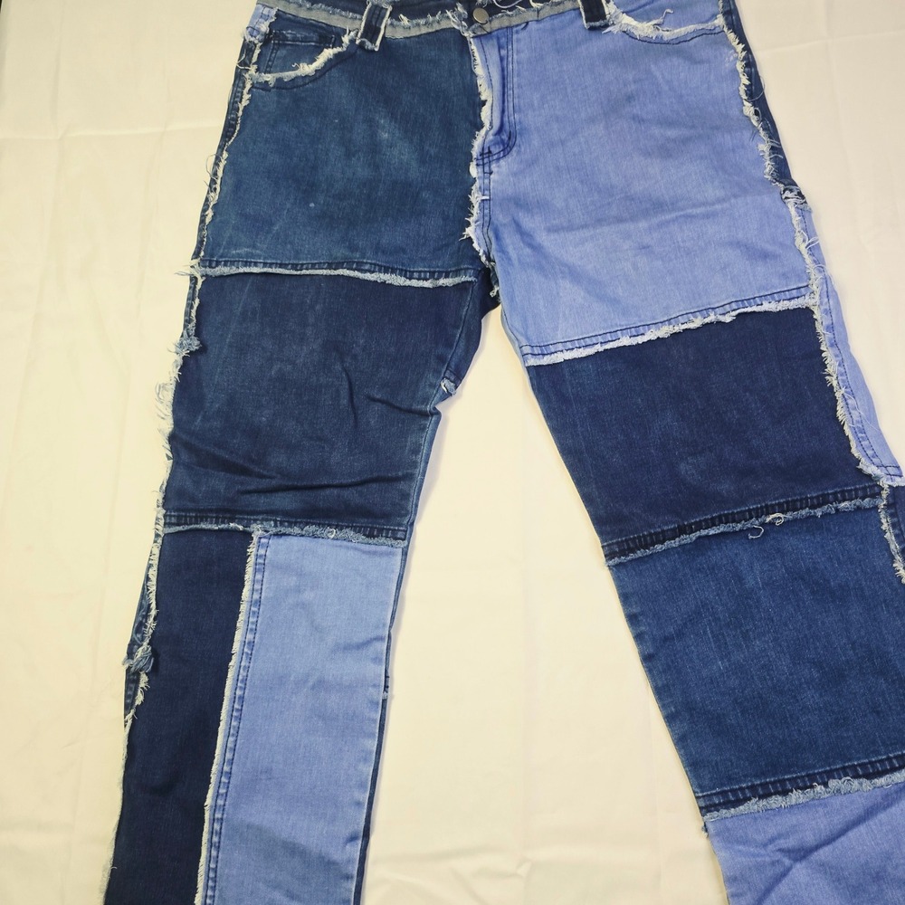 Unbranded Men's Patchwork Denim Jeans XL 36 x 29 Blue Frayed Raw Edge Seams Z36 - Picture 3 of 12
